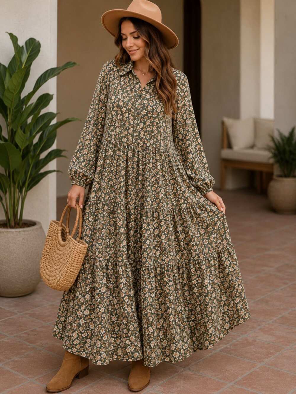 Umgee Green Floral Oversized Prairie Maxi Dress Size S Tiered Cottagecore
